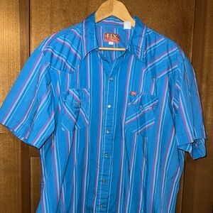 Ely Plains Shirt Mens XL‎ Plaid Western Pearl Snap Short Sleeve Blue Vintage